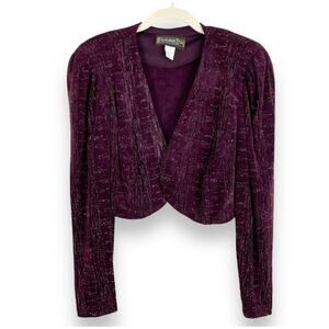 90s Vintage Purple Metallic Cropped Jacket Womens 14W Open Front Retro Glam